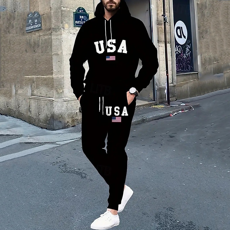 Függetlenség napja Amerikai függetlenség napja Férfi Futóruha Polár melegítő szettek Zsinór Szöveg Ruházat Ősz & tél Fekete Fekete / Fehér Edzés Utazás Sportok Meleg Hosszú ujj Sport Sportruházat 2026 - $30.99 –P2