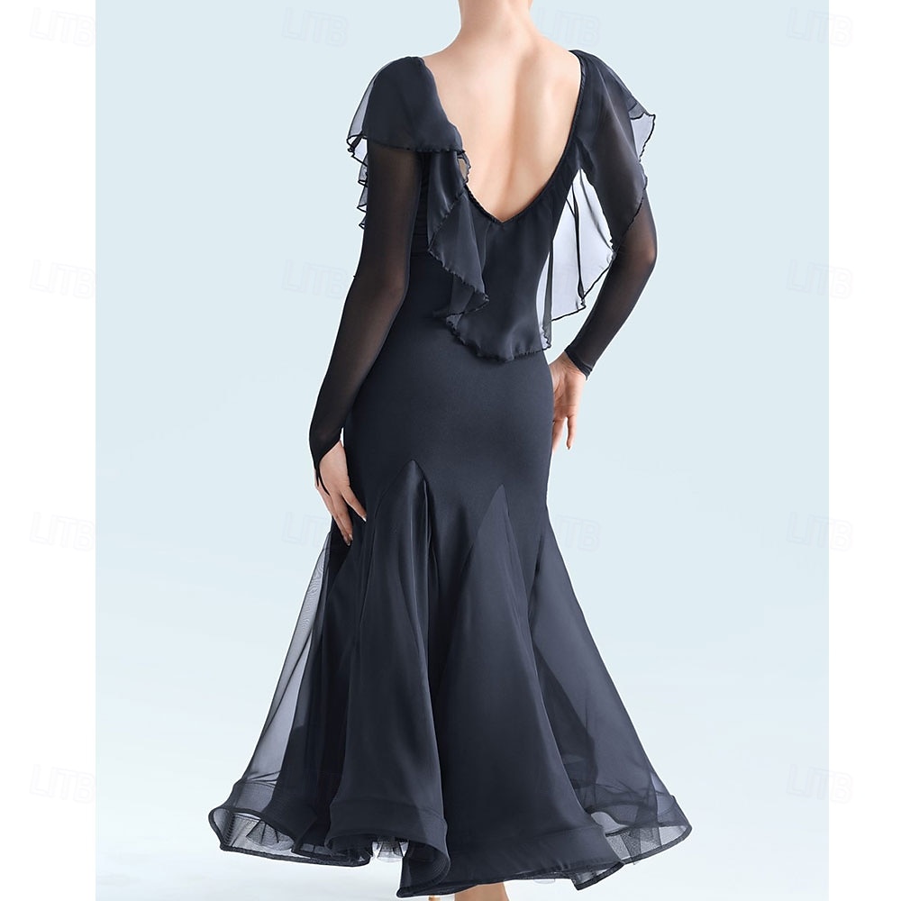 Γυναικείο φόρεμα χορού ballroom με μακριά μανίκια, mesh βαλς, τάνγκο, λάτιν φόρεμα προπόνησης, διαγωνισμού, βολάν, κομψή, ρέουσα φούστα – μαύρο 2026 - $158.99 –P2