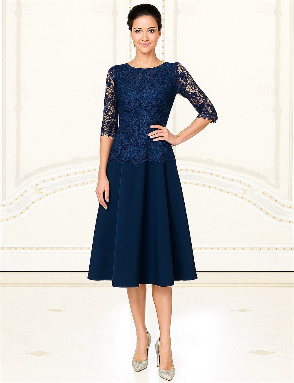 A-Line Tea Length Party Dress Cocktail Dress Wedding Guest Dress Mother of  the Bride Dress 3/4 Length Sleeve Crew Neck Elegant Vintage Formal Lace  with Lace 2026 - $103.99