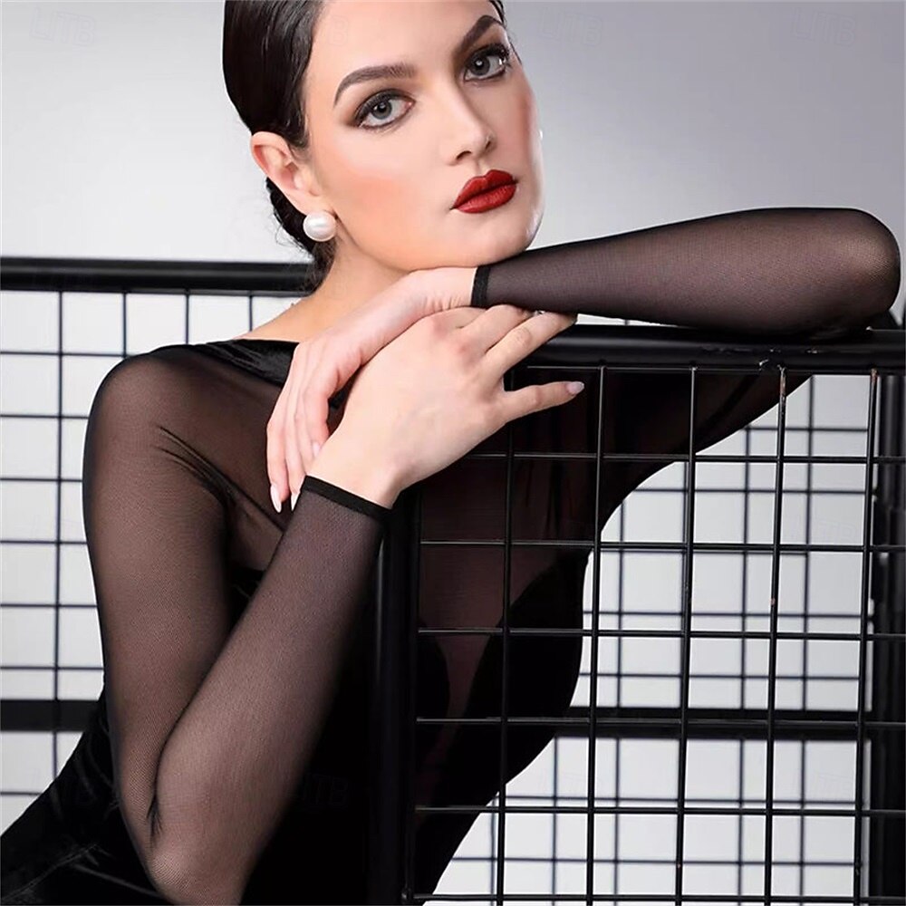 Dámské šaty na společenský tanec, sametové, síťované, s dlouhým rukávem, valčík, tango, latinskoamerické soutěžní a taneční šaty, elegantní, černé 2026 - $174.99 –P3