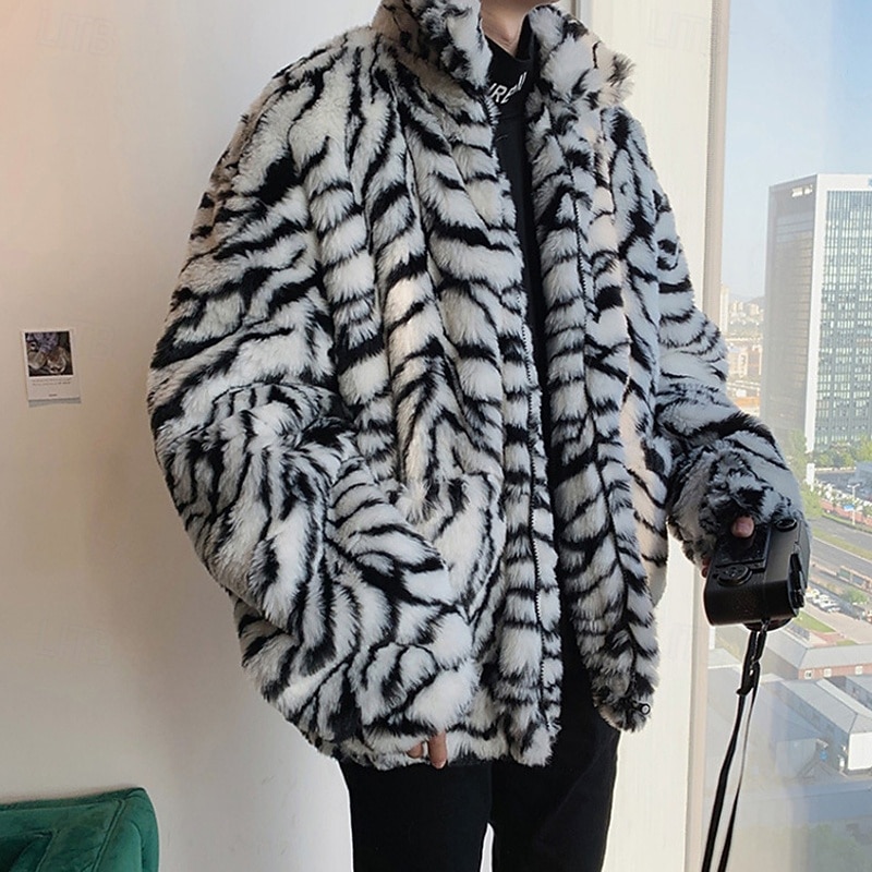 Voor heren Winterjack Jas van imitatiebont Vakantie Dagelijks Thermisch Warm Fleece Herfst Winter Luipaard Modieus Streetwear Opstaand Normaal Wit Geel Jacks 2026 - $80.99 –P9
