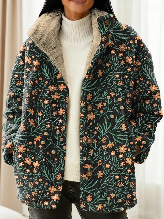 Women's Blazer Warm Comfortable Buttons Vintage Fashion Modern Casual Floral Vacation Home Casual Daily Short Stand Collar Regular Fit Long Sleeve Outerwear Black Dark Green Purple Fall Winter 2026 - $43.99 –P5
