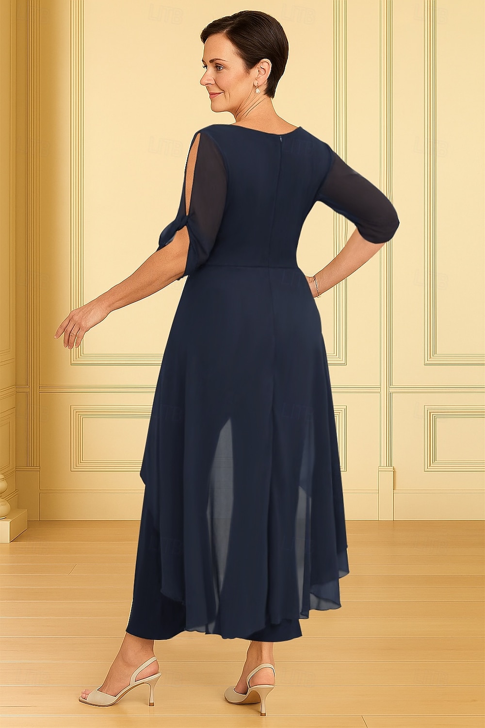 Mono Asimétrica Vestido de Madrina Media Manga Escote en Pico Elegante Sencillo Invitado a la boda Noche formal Gasa Tejido elástico con Flor Un Color 2026 - $160.99 –P3