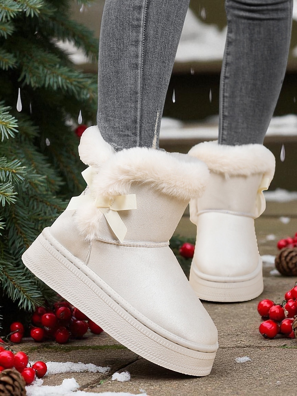 Women's White Fur-Trimmed Slip-On Winter Boots with Bow Detail, Stylish Cozy Snow Boots for Cold Weather and Holiday Wear 2025 - $29.99 –P3