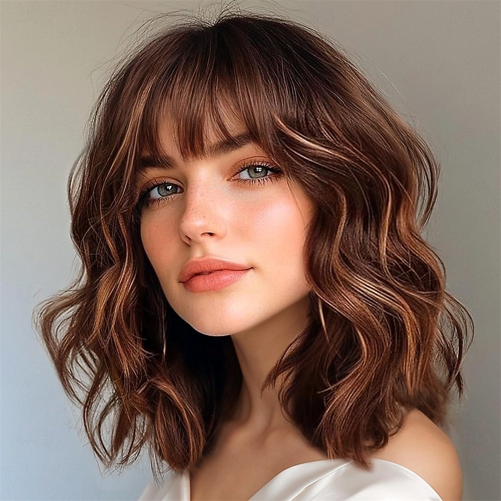 Polkkatukkainen peruukki naisille, laineikkaat, punertavan karamellinruskeat, lyhyet kiharat hiukset, peruukki otsatukalla, olkapäille ulottuva, synteettinen, realistinen, lämmönkestävä peruukki 2026 - $21.99 –P1