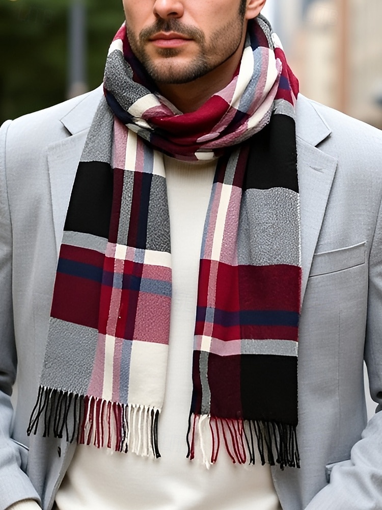 Pánská vánoční kostkovaná šála – stylová polyesterová šála s třásněmi – dostupná v několika barvách – teplý sváteční doplněk pro muže 2026 - $11.99 –P2