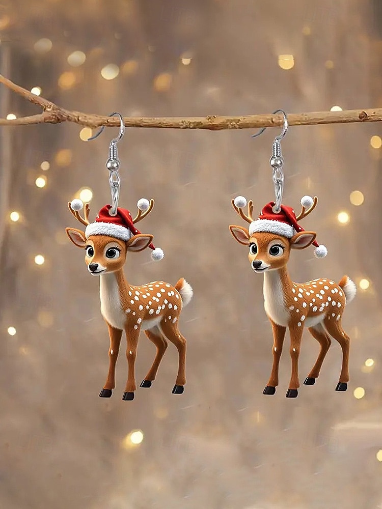 Dámské vánoční dárkové akrylové náušnice se sobami, roztomilý sváteční design se santovou čepicí, zábavný sváteční doplněk na večírky a setkání. 2026 - $5.99 –P3