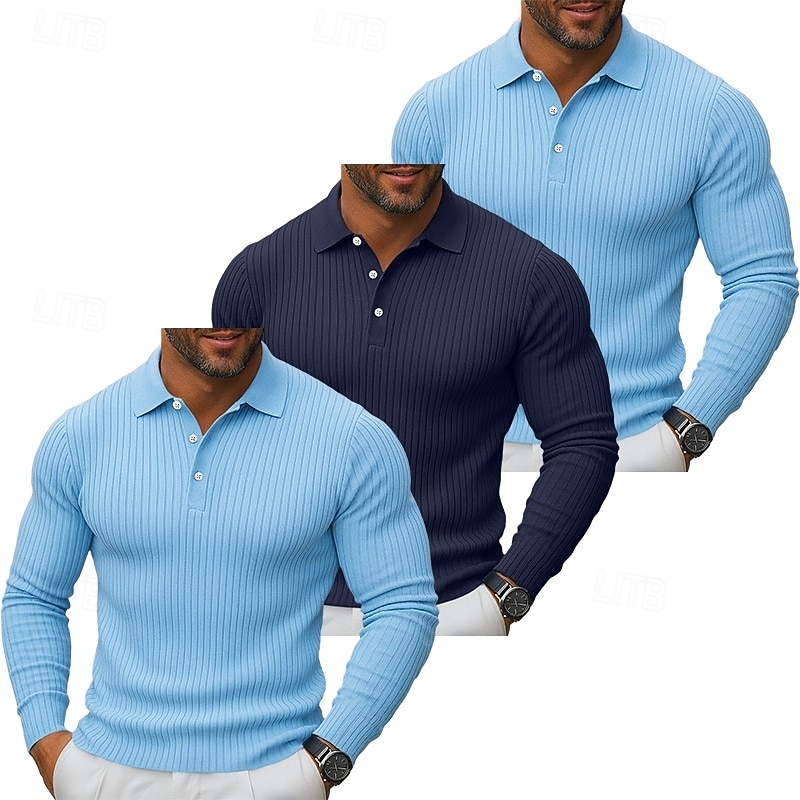 3 db-os férfi bordás kötésű felső golf pólóing többes csomag utcai lezser hajtókás hosszú ujjú alapvető modern egyszínű gombos tavasz ősz minden évszak karcsúsított bordás kötésű felső 2025 - $59.99 –P11