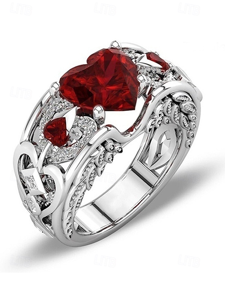 Rode hartvormige edelsteenring voor dames met verzilverde band – elegante sieraden als kerstcadeau en voor feestdagen 2026 - zł21.99 –P6