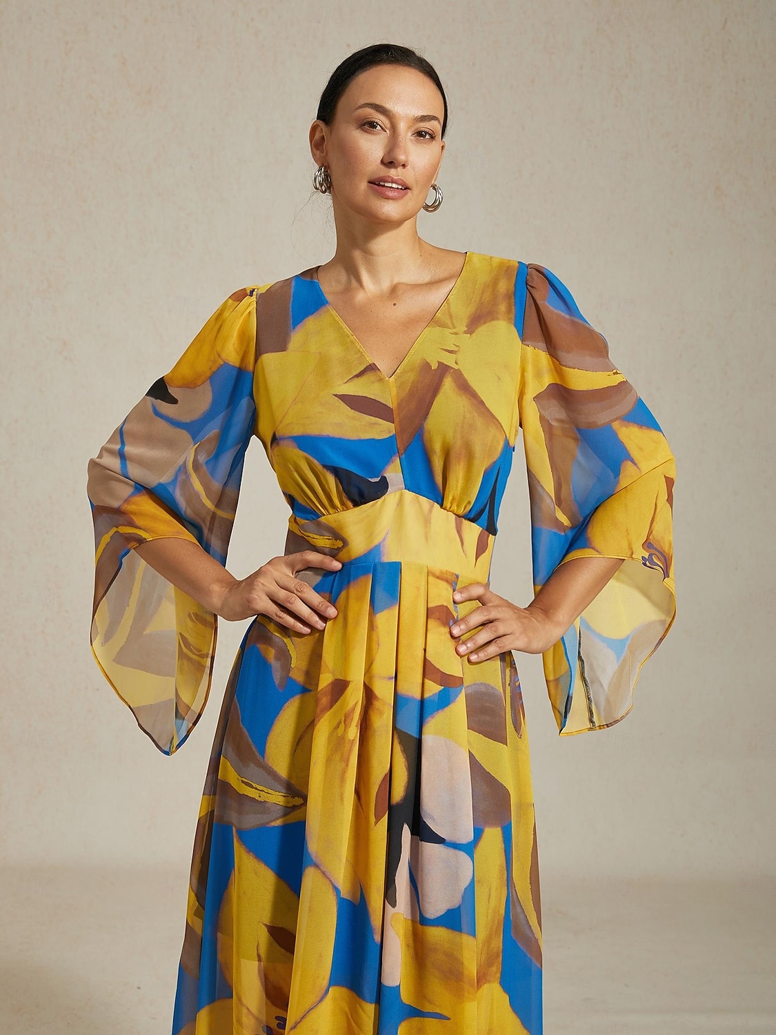 שמלת מקסי לנשים שיפון הדפס פרחוני מופשט שקוף זורם קז'ואל יעד חתונה אורחת חופשה טיולים נופש אביב קיץ סתיו 2025 - $141.99 –P7