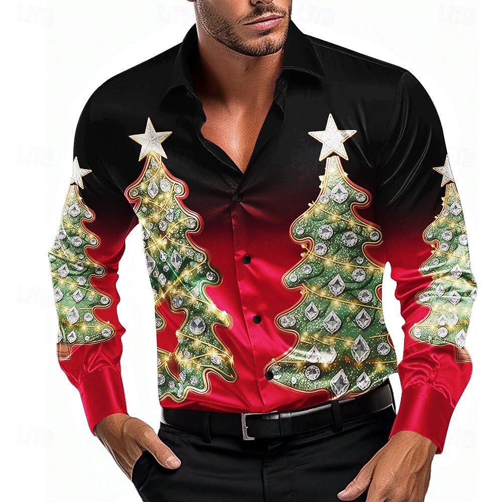 Christmas Men's Christmas Tree Gradient Color Shirt Satin Shirt Dress Shirt  Long Sleeve Fashion Casual Party