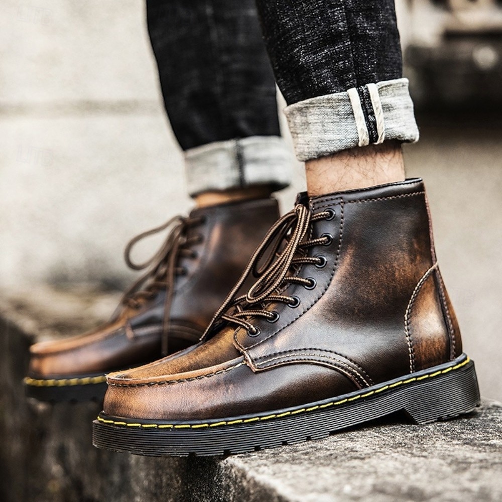 Botas de trabalho masculinas de couro bordô com cadarço, botas de combate vintage casuais de cano curto, duráveis para atividades ao ar livre &sapatos de uso diário de 2026 por $59.99 –P11