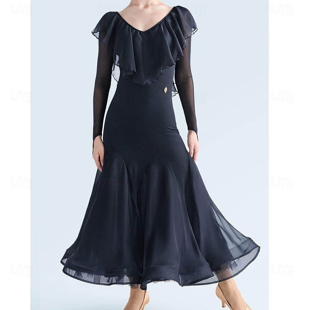 Γυναικείο φόρεμα χορού ballroom με μακριά μανίκια, mesh βαλς, τάνγκο, λάτιν φόρεμα προπόνησης, διαγωνισμού, βολάν, κομψή, ρέουσα φούστα – μαύρο 2026 - $158.99 –P1