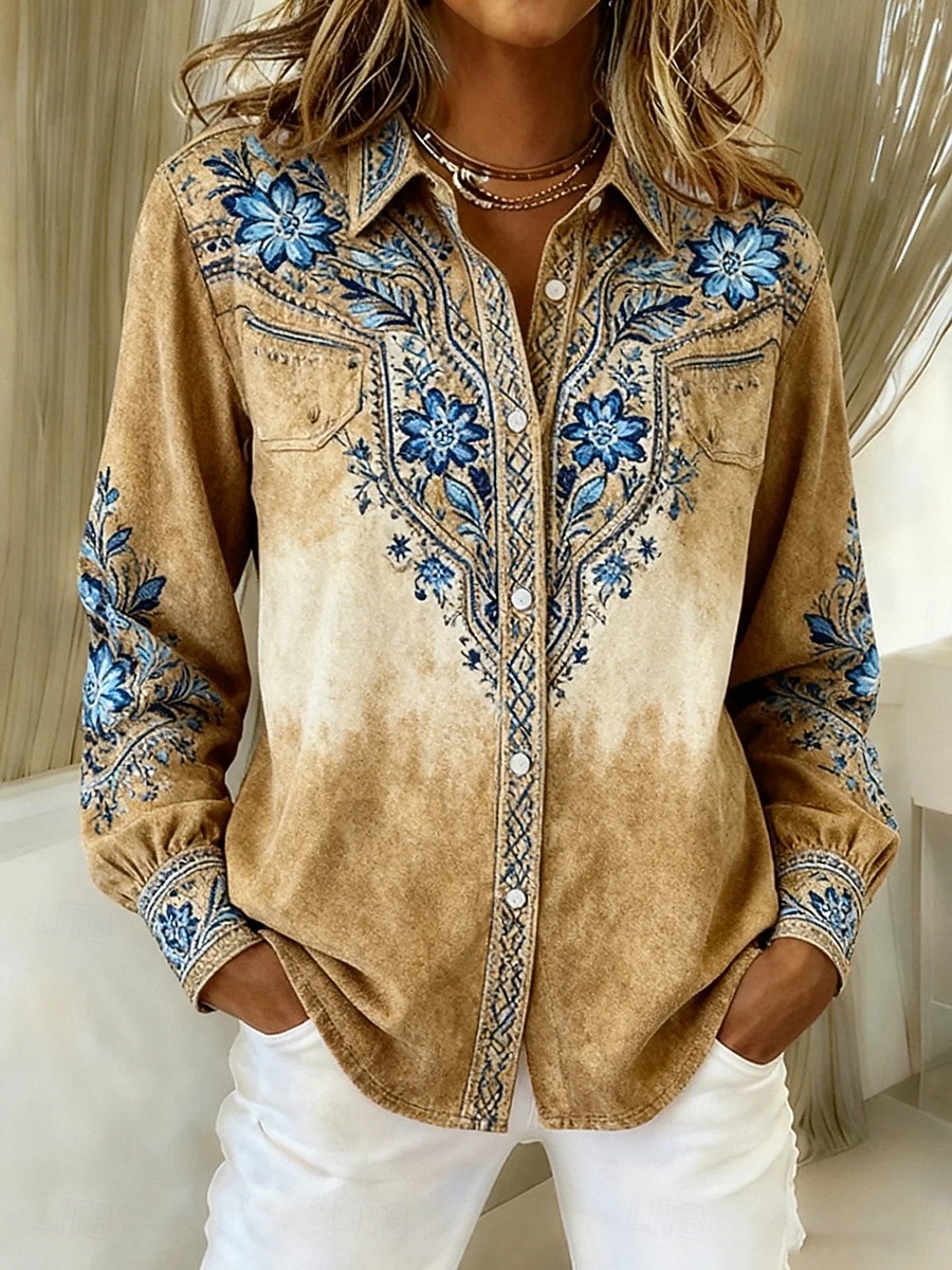 Damen Hemd Bluse Patchwork Knöpfe Druck Grafik Geometrisch Abstrakt Vintage Stilvoll Modern Langarm Hemdkragen Normale Oberteile Täglich Blau Braun Grün Khaki Herbst Winter 2026 - $32.99 –P2