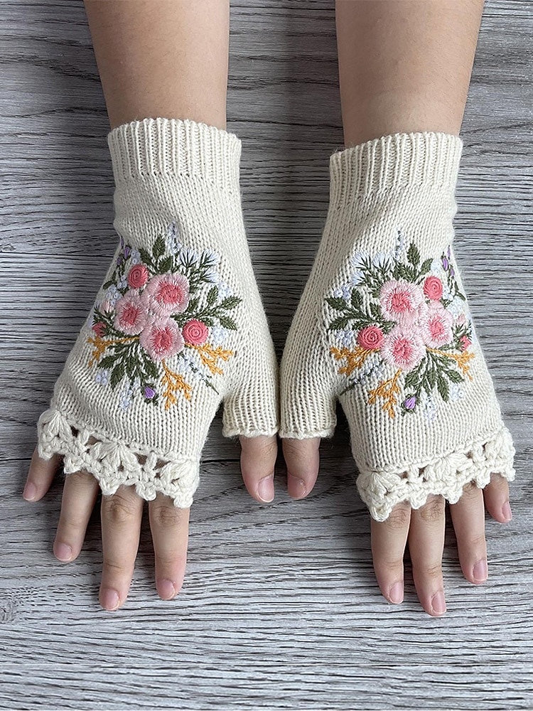 Dámské vánoční vyšívané rukavice – květinový vzor se včelami, materiál bavlněná příze, dostupné v několika barvách, ideální pro zimní svátky a slavnostní příležitosti 2026 - $18.99 –P3