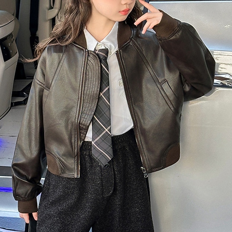 Bambini Ragazze Giacca in pelle nera Giacca di pelle Tinta unica Moda Cerniera Tasca All'aperto Cappotto Capispalla 4-12 Anni Autunno Marrone del 2025 a $48.99 –P1