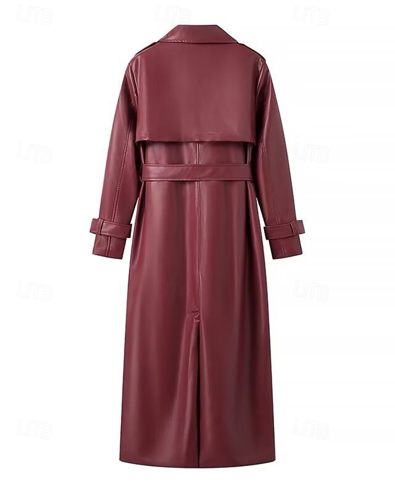 Dam Imitationsläderjacka Trenchcoat Håller värmen Bekväm Ficka Knappar Mode Slät Formell Utomhus Semester Ledigt Lång Nedvikt Normal Långärmad Ytterkläder Svart Mörkröd Höst Vinter 2025 - $67.99 –P6