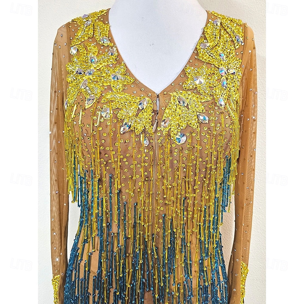 Women’s Gold and Blue Latin Dance Dress with Crystal Rhinestones and Fringed Details for Salsa, Tango, and Dance Performance 2026 - $365.69 –P8
