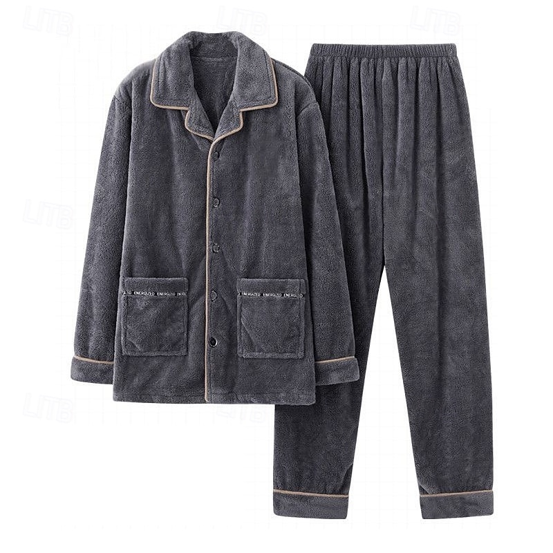 Pánské Noční prádlo Sady nočního prádla Pyžamový top a kalhoty 1 sada Bez vzoru Módní stylové Klasické Domů Denní Postel Polyester Zahřívací Pohodlné Yumuşak Klopa Dlouhý rukáv Košile Kalhoty 2026 - $38.99 –P3