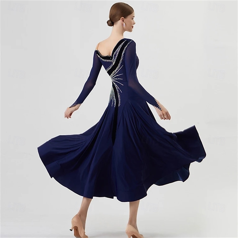 abito da ballo da sala da donna, elegante abito da competizione per tango, valzer, foxtrot, con spalline asimmetriche e strass – blu navy del 2026 a $309.19 –P5