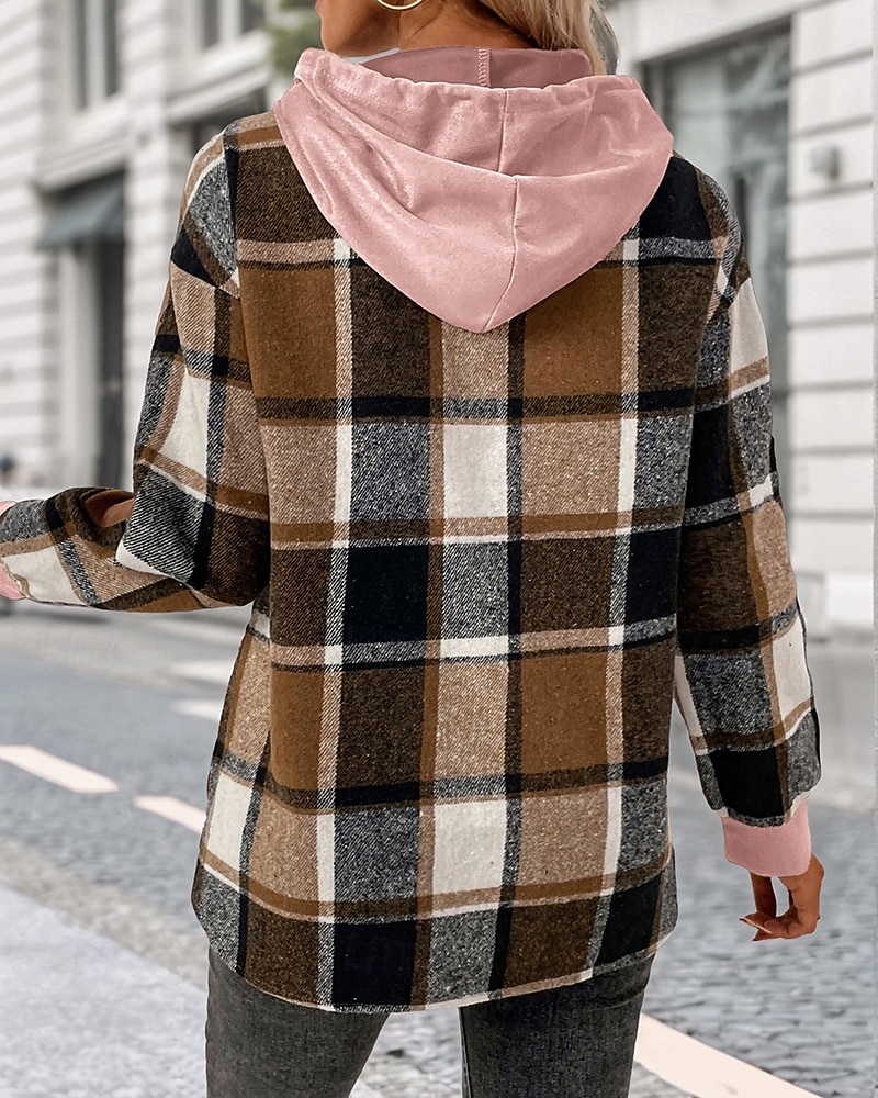Women's Pullover Hoodie Sweatshirt Plaid Vintage Casual Long Sleeve Hooded Regular Tops Street Casual Sports Drawstring Patchwork Pink Army Green Dark Gray Beige Coffee Fall Winter 2025 - $35.99 –P20