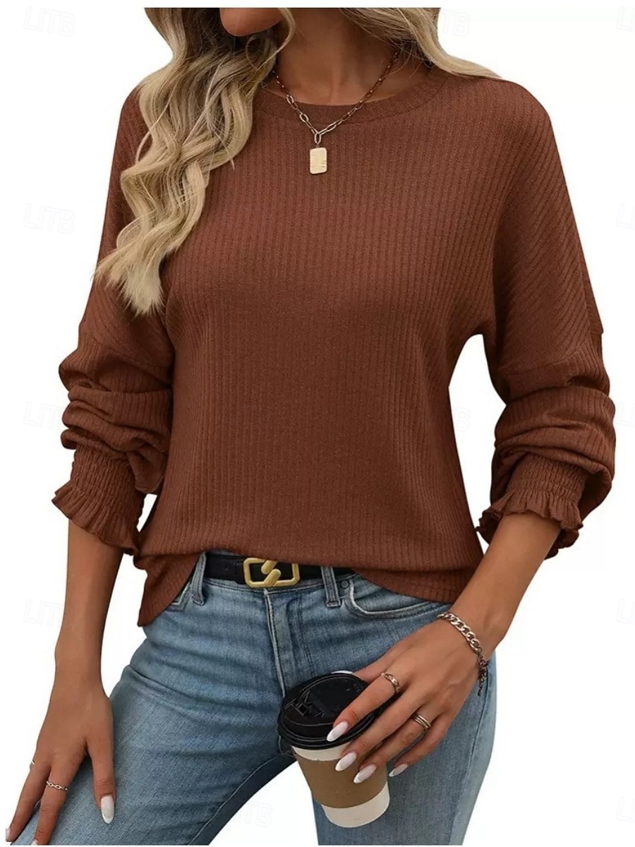 Per donna Blusa Arricciato Tinta unica Elegante Casual Manica Lunga Girocollo Top Regolari Quotidiano Nero Verde militare Marrone Verde Cachi Primavera Autunno Inverno del 2026 a $25.99 –P13