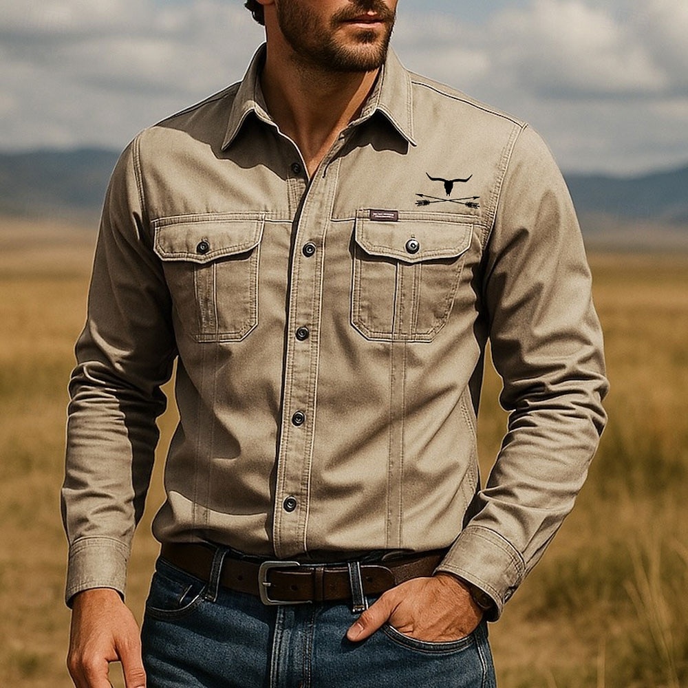 Herren Kuhmuster Arbeitshemd Westernhemd Cargohemd Langarm Taktisch Vintage-Retro Sport im Freien Arbeitskleidung Frühling Herbst Umlegekragen Zwei Fronttaschen Hemden mit Knopfleiste Armeegrün Khaki 2026 - $27.99 –P1