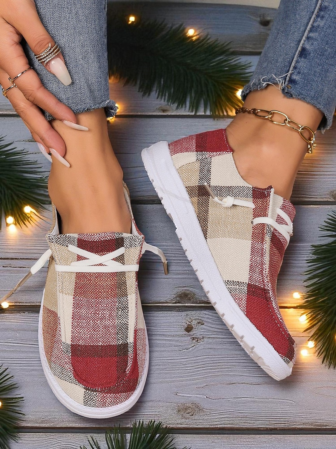 Zapatos sin cordones a cuadros para mujer: zapatos casuales y acogedores para Navidad, reuniones de invierno y relajación festiva. 2026 - $24.99 –P1