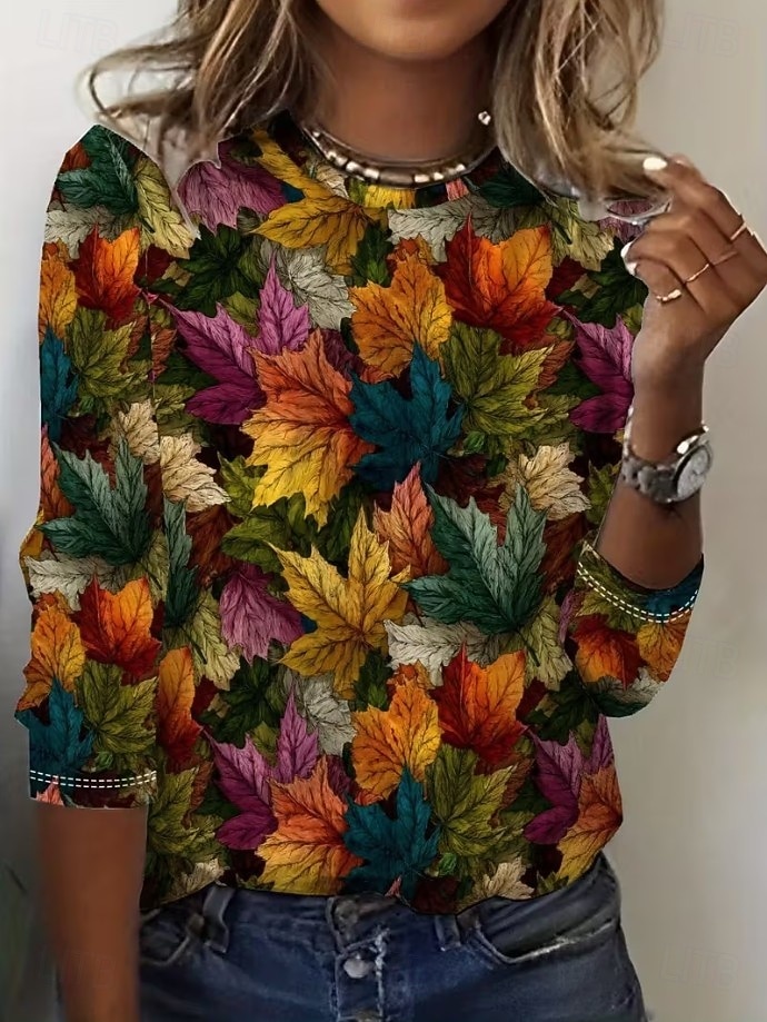 Dámské tričko grafický květinový rostliny vintage móda stylové dlouhý rukáv crew neck kulatý výstřih pravidelné topy každodenní víkendový potisk hnědá jaro podzim zima 2026 - $24.99 –P1