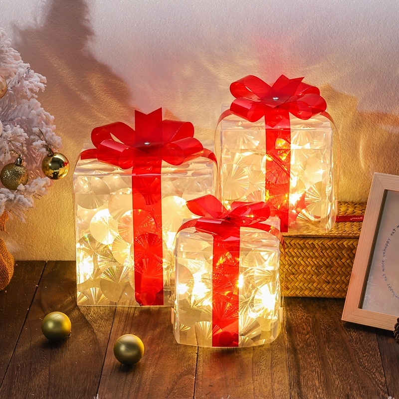 3 Pcs Christmas bow LED luminous gift box for indoor and outdoor Christmas atmosphere decoration lights, ornaments, props, AAA battery box 13/15/19CM 2025 - CAD $25.99 –P8