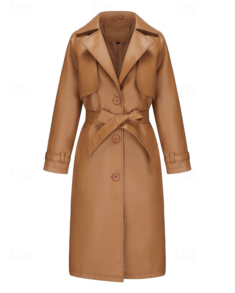 Dam Imitationsläderjacka Trenchcoat Bekväm Ficka Knappar Ledigt Slät Semester Dagliga kläder Utekväll Helgen Lång Nedvikt Normal Långärmad Ytterkläder Marin Svart Kamel Vår Höst 2025 - $68.99 –P19