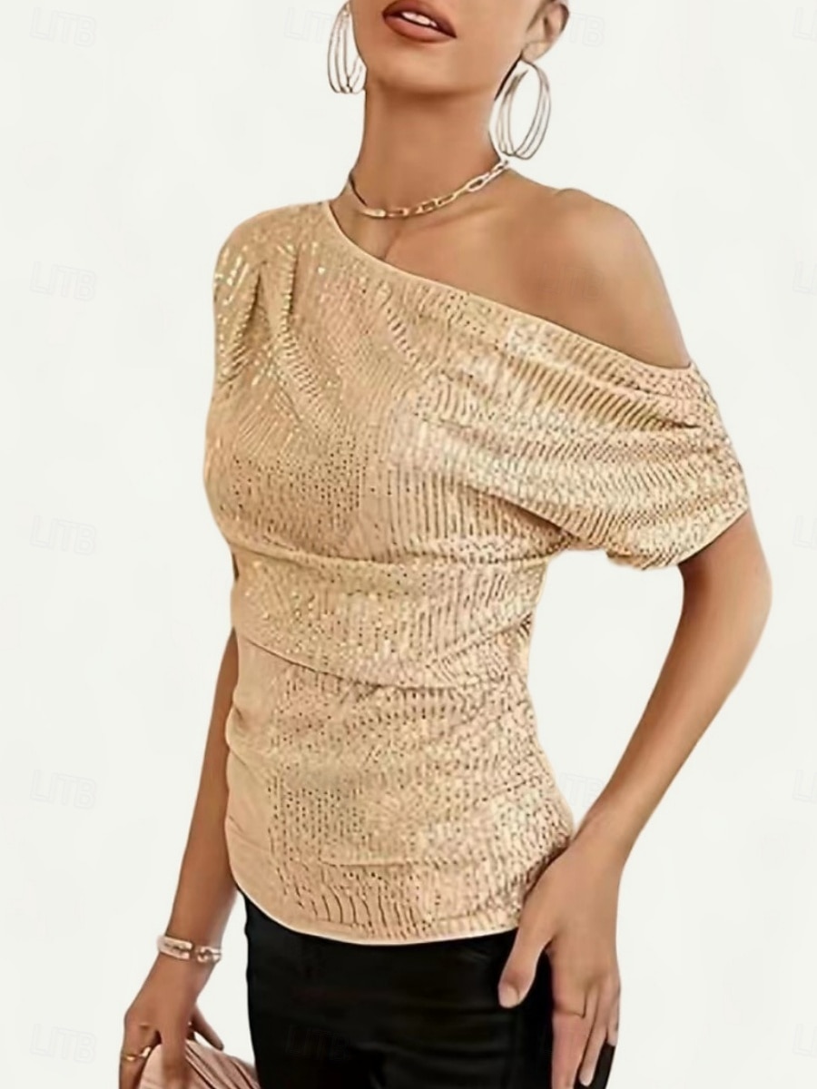 Per donna Blusa Paillettes Tinta unica Elegante Casual Manica Corta Asimmetrico Top Regolari Quotidiano Nero Bianco Viola Oro Verde Estate Primavera del 2026 a $27.99 –P3