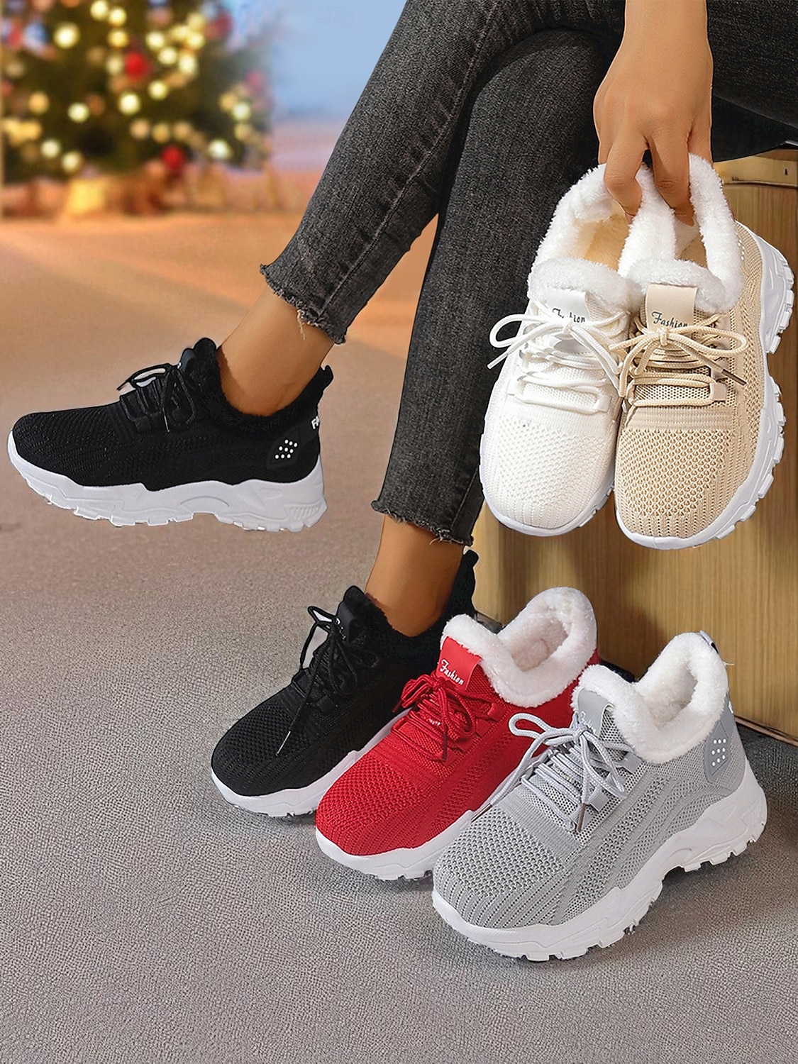 Zapatillas deportivas rojas con forro polar para mujer: zapatillas para correr cálidas y transpirables para invierno, Navidad, viajes y ropa informal. 2025 - $24.99 –P1