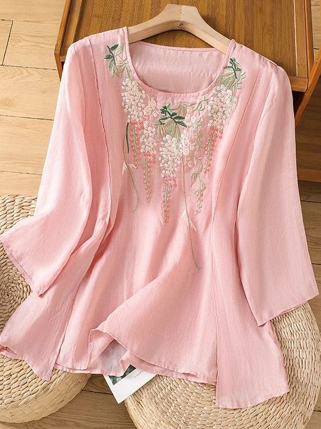 Mujer Tallas pequeñas Camisa Bordado Plano Bohemia Estilo lindo Elegante Media Manga Manga Farol Escote Redondo Tops regulares Diario Noche Fin de semana Blanco Verde Claro Rosa Verano 2026 - $22.99 –P5