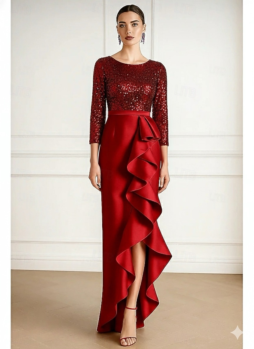 Linea ad A Tubino Colonna Asimmetrico Lunghezza al pavimento Abiti da Cocktail Abito da Sera Abiti da festa Elegante Setoso Manica Lunga Girocollo Matrimonio Formale Raso Con Paillettes con Glitter del 2026 a $137.99 –P1