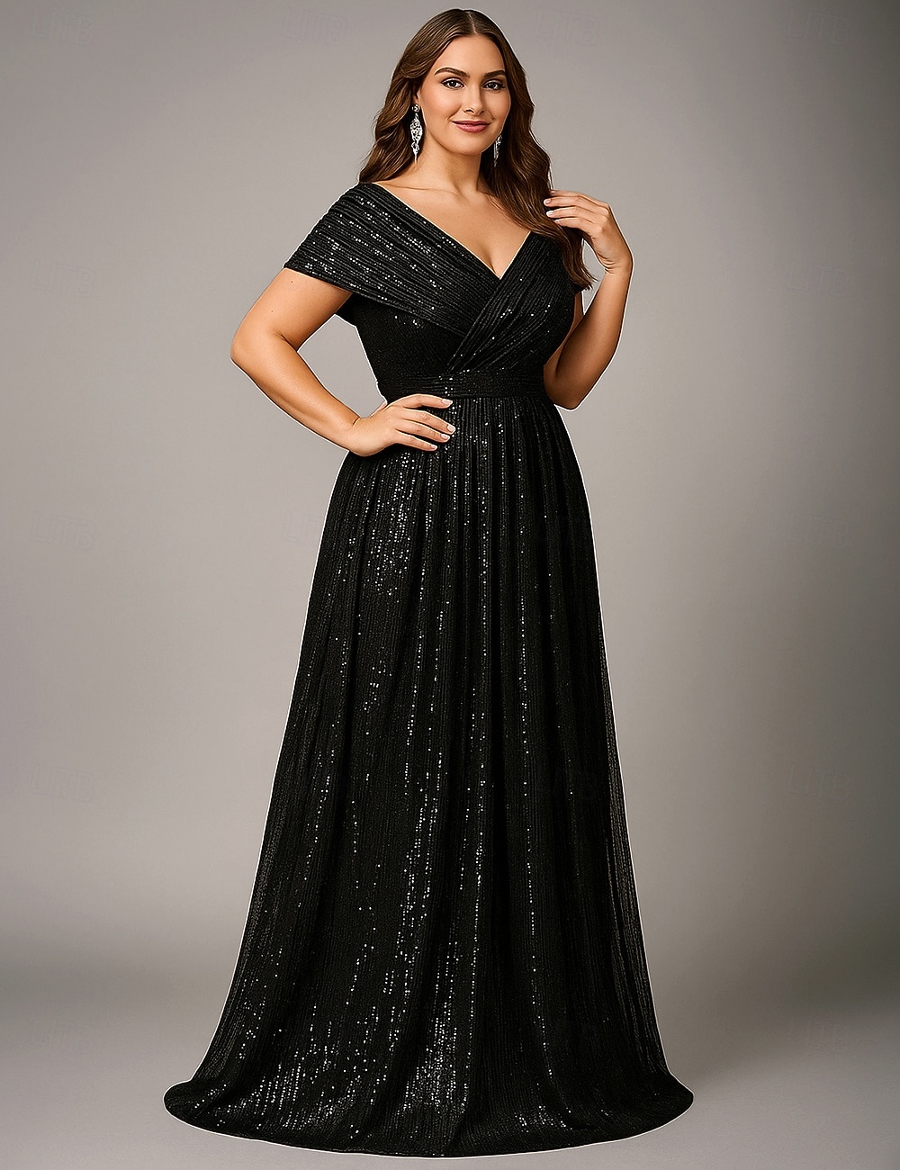 A-Ligne Robe de Mariage Longueur de Sol Robe de Soirée Robe Mère de la Mariée Manches Courtes V Cou Élégante Vintage Luxueuse Spandex avec Sequins de 2026 ? $103.99 –P1
