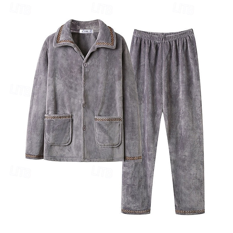 Homme Vêtements de Nuit Ensemble Pyjama Haut de pyjama et pantalon 1 ensemble Uni Mode Élégant Classique Maison Quotidien Lit Polaire Polyester Chaleur Thermique Confort Doux Revers manche longue de 2025 ? $32.99 –P1