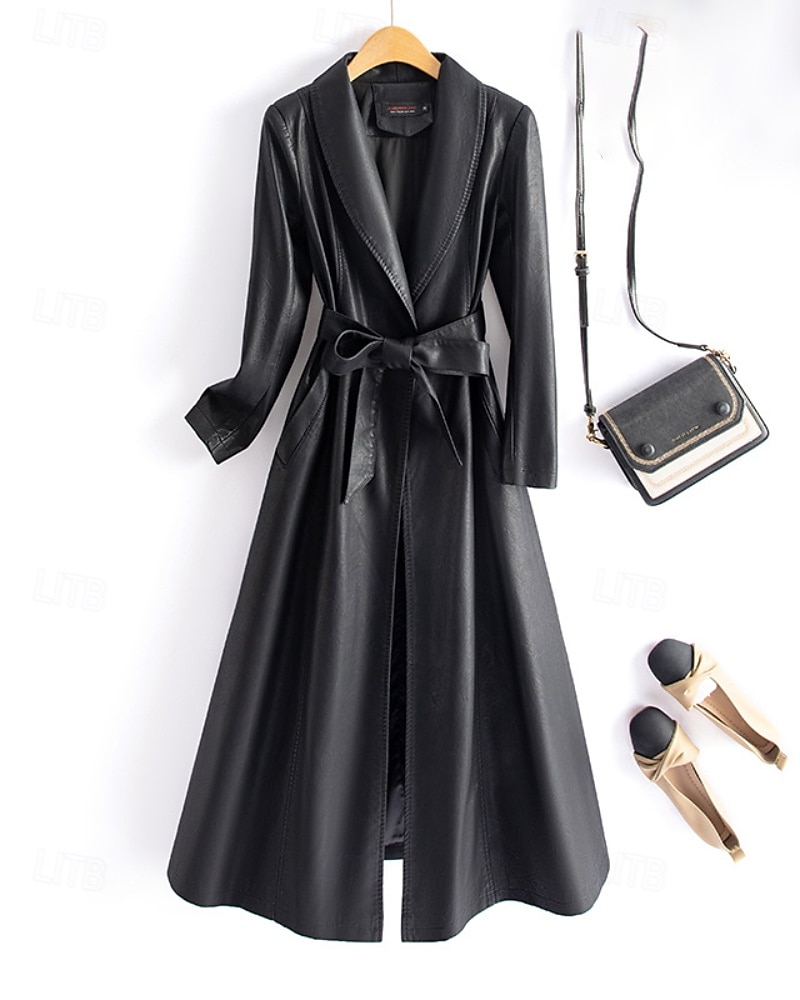Dam Imitationsläderjacka Trenchcoat Håller värmen Bekväm knyt fram Ficka Knappar Mode Slät Semester Gata Utekväll Helgen Lång Nedvikt Normal Långärmad Ytterkläder Svart Vin Rubinrött Höst Vinter 2025 - $109.99 –P2