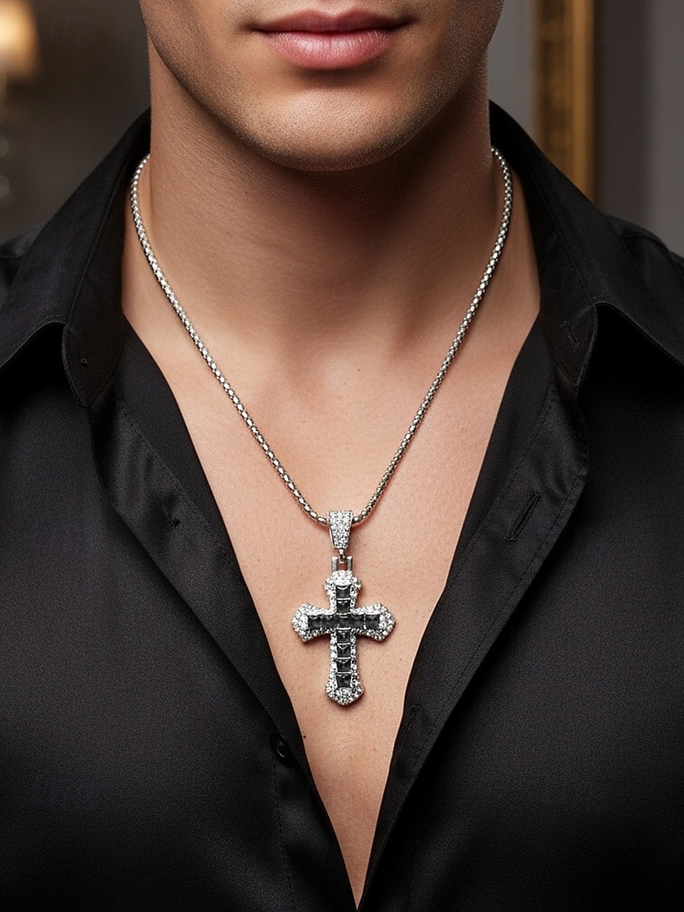 Мужское рождественское ожерелье-крест из сплава, разноцветное, с искрящимся кристаллом, стильный аксессуар для праздничных вечеринок и повседневной носки 2026 - $9.99 –P2