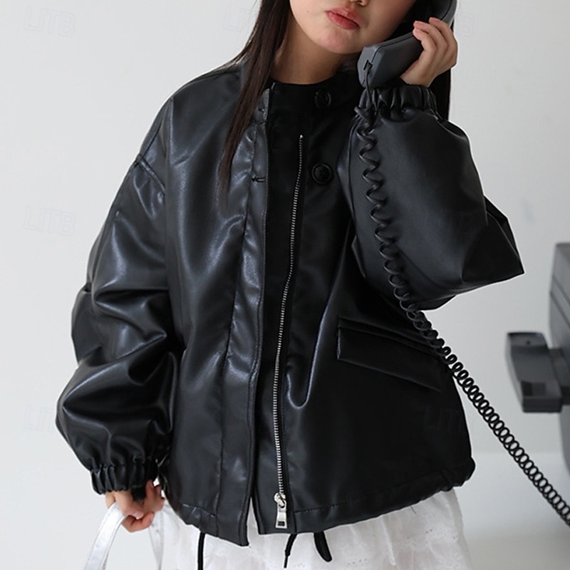 Gyerekek Lány Fekete bőrdzseki Jakna Tömör szín Divat Cipzár Zseb Szabadtéri Kabát Felsőruházat 4-12 év Ősz Fekete Arcpír rózsaszín 2025 - $38.99 –P5