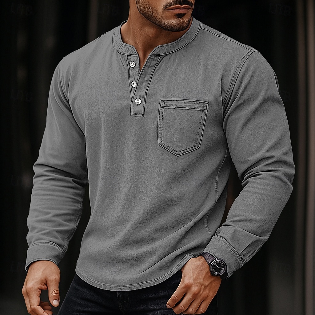 SoftFade™ Мужская футболка Henley длинный рукав Henley весна осень винтаж ретро винтажная повседневная винтажного стиля выцветшая стиранная повседневная голубой черный темно-синий топ футболка для 2026 - $35.99 –P12