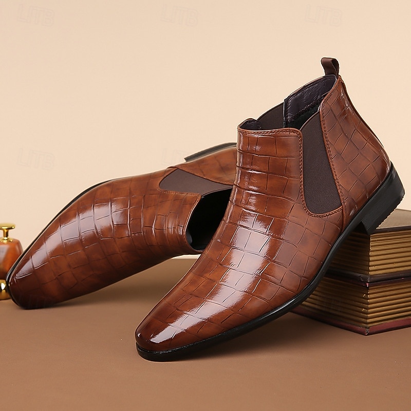 stivali chelsea da uomo in vera pelle sintetica color cuoio con pannelli laterali elastici e finitura liscia, eleganti stivaletti eleganti per lavoro, feste e occasioni formali del 2026 a $54.99 –P16