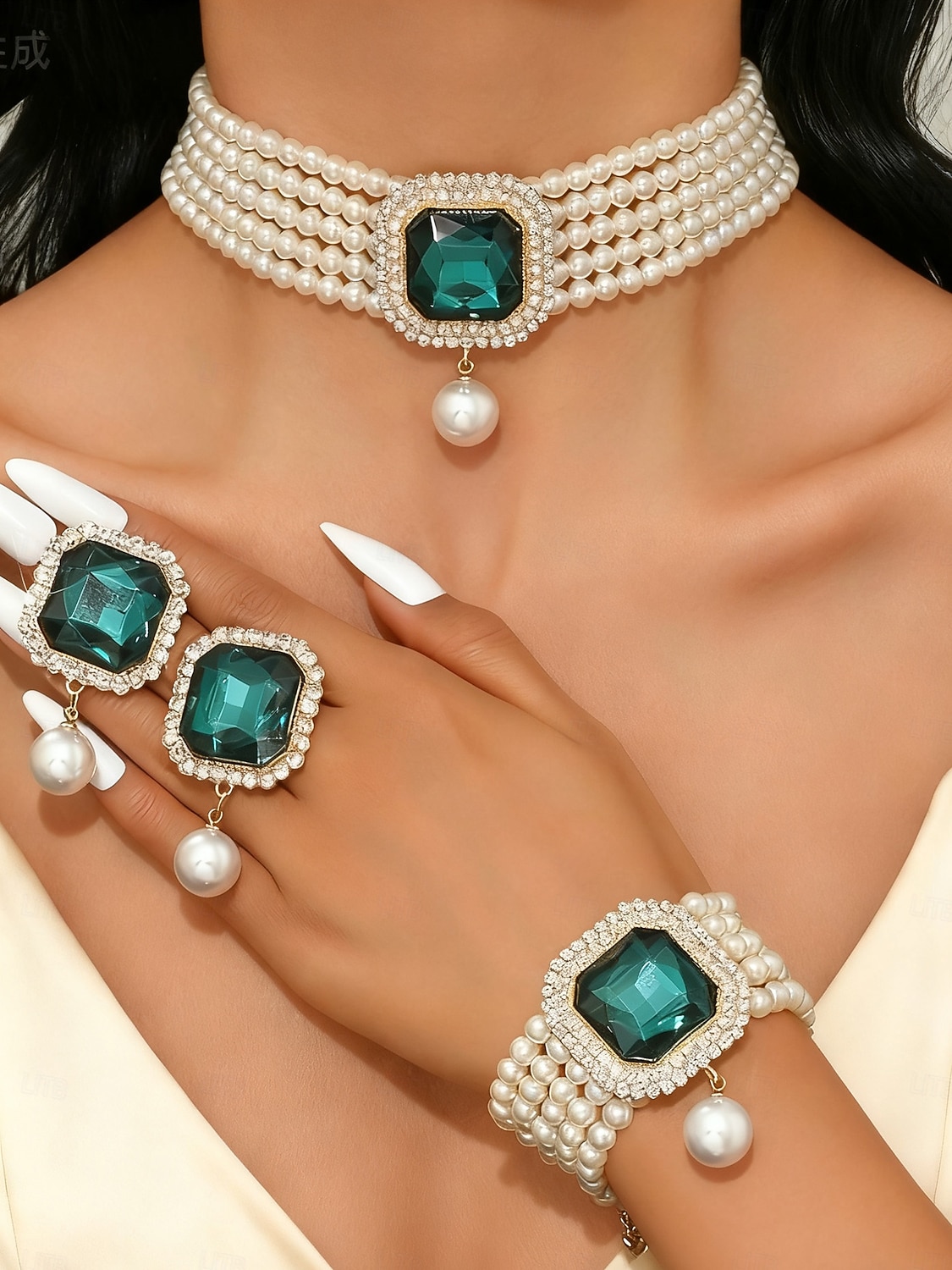 Dámská sada 3 šperků s perlami a zelenými drahokamy, vintage choker, náramek &prsten na vánoční večírky, vánoční dárky &elegantní večery 2026 - $14.99 –P3