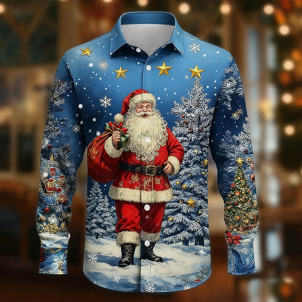 Crăciun Bărbați Mos Craciun Brad de Crăciun Fulg zăpadă Cămașă Camașă cu nasturi Manșon Lung Amuzant Cadouri de Crăciun Concediu Primăvară Toamnă Răsfrânt Imprimare 3D cămăși cu guler Albastru 2025 - $26.99 –P1