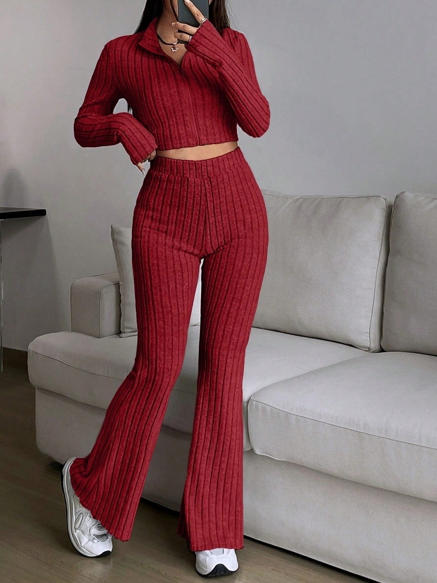 Women's Pants Sets Bolero Top Long Sleeve Shirt Collar Solid Color Zipper Fashion Streetwear Casual Daily Outdoor Black Wine Camel Spring Slim 2026 - $32.99 –P6