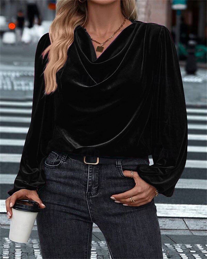 Femmes Velours Elegant Habillé Chemisier Couleur Unie Uni Élégant Dames Classique manche longue Col Halter Hauts Réguliers Travail Quotidien Fête Froncé Drapé Noir Vin Bleu Roi Violet Vert Automne de 2025 ? $23.99 –P1