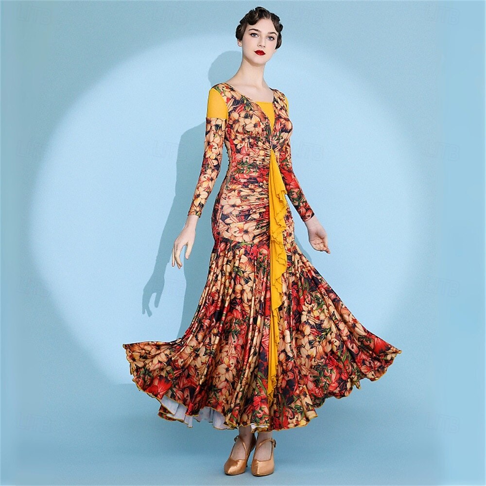 abito da ballo da sala con stampa floreale per donna - abito a trapezio con maniche lunghe e accenti gialli per competizioni, latino americani ed eventi di danza - rosso&amp;floreale del 2026 a $127.99 –P6