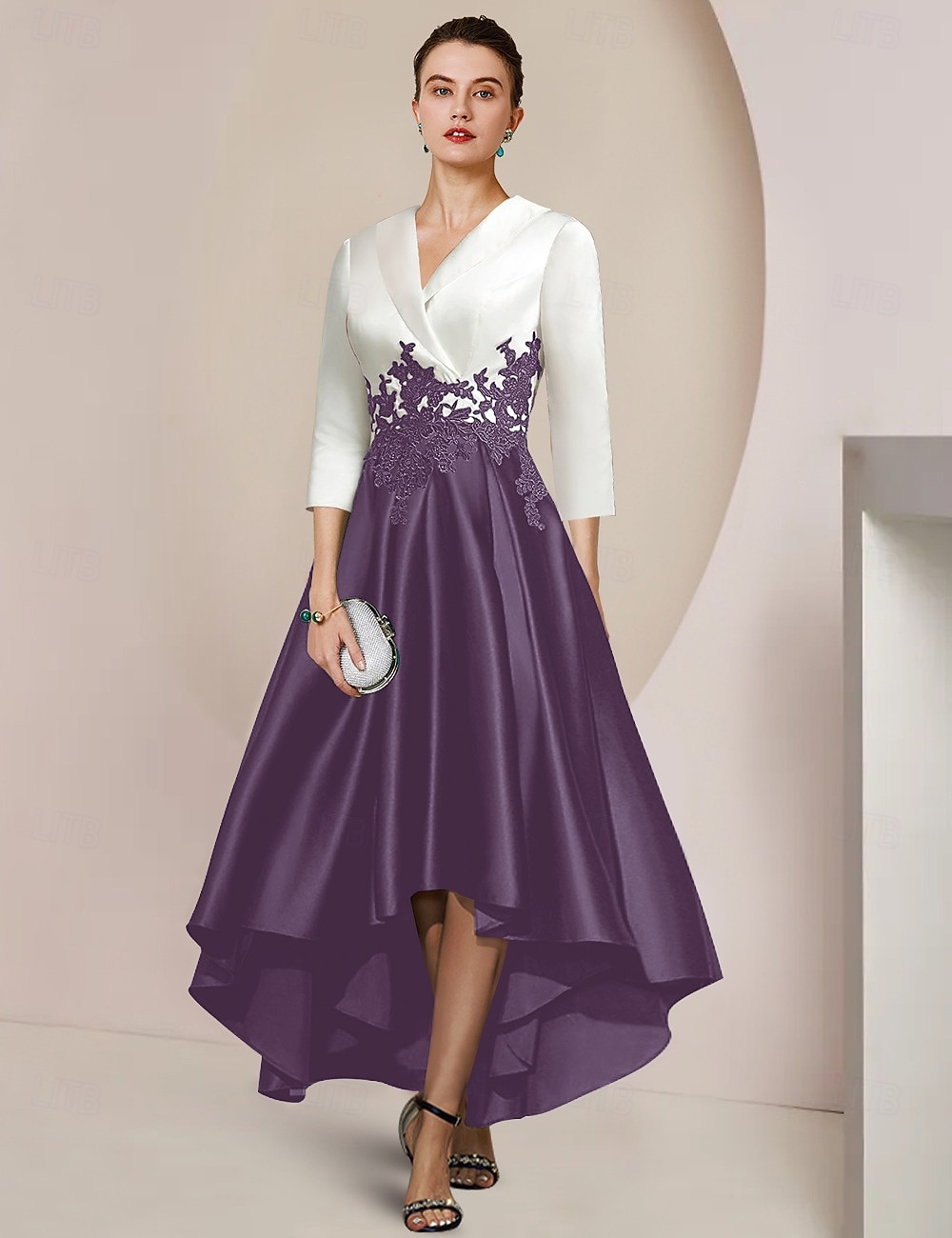 A-Linie Asymmetrisch Tee-Länge Partykleid Cocktailkleid Kleid für Hochzeitsgäste Brautmutterkleid Dreiviertelarm Hemdkragen Elegant High-Low Formell Hochzeitsgast Satin Spitze mit Applikationen 2026 - $157.99 –P9