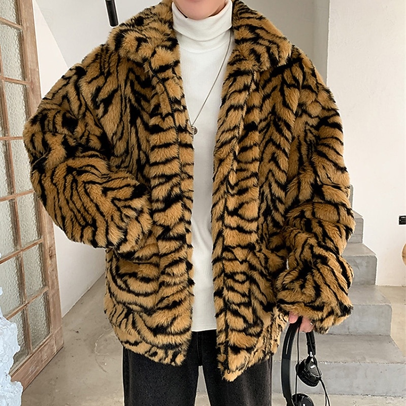 Voor heren Winterjack Jas van imitatiebont Vakantie Dagelijks Thermisch Warm Fleece Herfst Winter Luipaard Modieus Streetwear Opstaand Normaal Wit Geel Jacks 2026 - $80.99 –P1