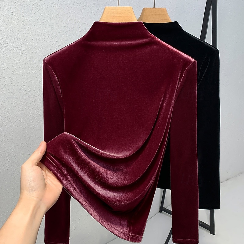 Damen Samt Elegant Bluse Einfarbig Einfach Elegant Täglich Stilvoll Langarm Stehkragen Normale Oberteile Täglich Ferien Ausgehen Schwarz Wein Purpur Braun Herbst Winter 2026 - $25.99 –P5